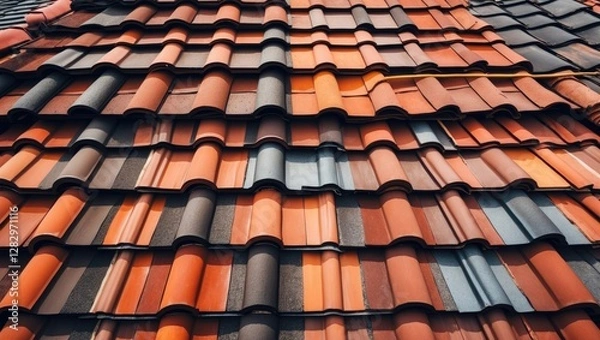 Fototapeta textured close-up of traditional clay roof tiles in various shades of red and brown arranged in a repeating pattern