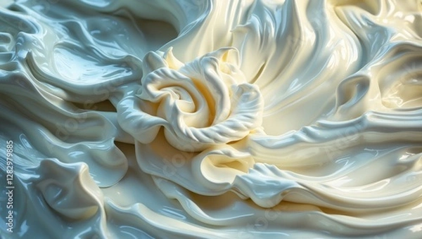 Fototapeta Creamy swirls of thick whipped cream forming a delicate rose shape atop a smooth background with soft lighting