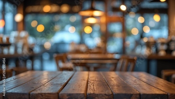 Fototapeta Blurred coffee shop interior with wooden tables and warm, ambient lighting creating a cozy atmosphere.