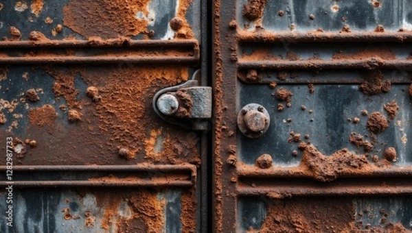 Obraz Rusty metal door with corrosion and peeling paint illustrating weathering and decay on industrial surface
