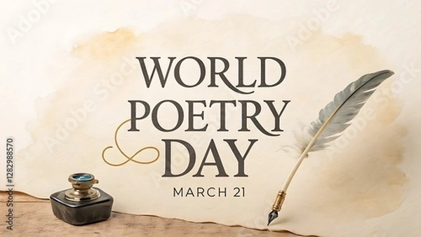 Fototapeta Poetry writing concept featuring quill pen, ink bottle, aged paper, and artistic calligraphy in a vintage-inspired setting that evokes creativity and the timeless beauty of written expression