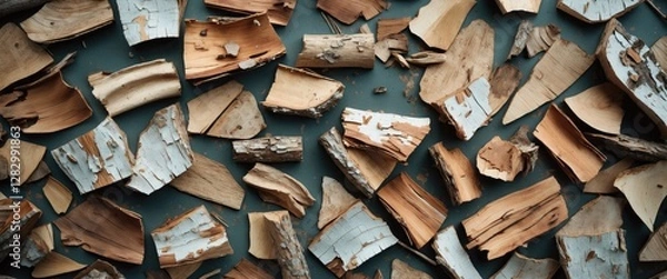 Fototapeta Assorted pieces of firewood piled together with variations in color and texture on a flat surface
