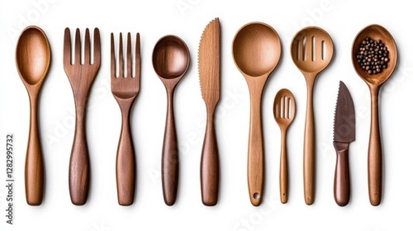 Fototapeta Wooden Kitchen Utensils Collection Isolated on White Background. Generative AI