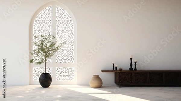 Fototapeta Serene minimalist interior with an ornate black screen, potted plants bathed in sunlight, and elegant vessels, creating a peaceful atmosphere.