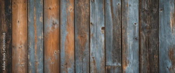 Fototapeta Textured background of weathered wooden planks in varying shades of brown and blue with knots and imperfections