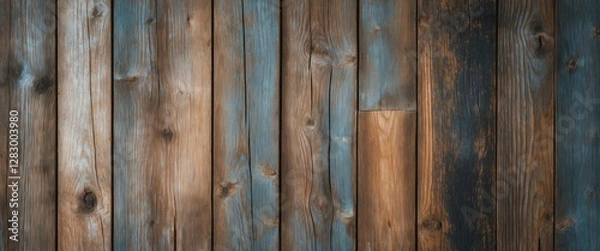 Fototapeta Textured wooden background with a variety of brown and blue tones showcasing natural patterns and grain details