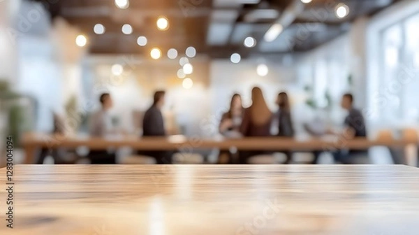 Obraz A blurred office setting with a group of employees gathered around a desk engaged in a casual discussion about their work projects and strategies
