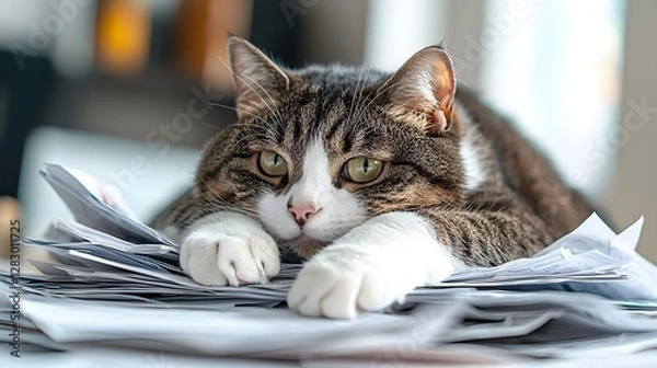 Fototapeta Tabby Cat Relaxing Amidst Pile of Paperwork on Cluttered Office Desk Highlighting the Contrast Between Feline Calm and Workplace Chaos
