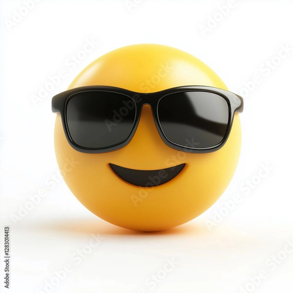 Fototapeta Smiling face with sunglasses three-dimensional emoji. Cool emoticon isolated on white background