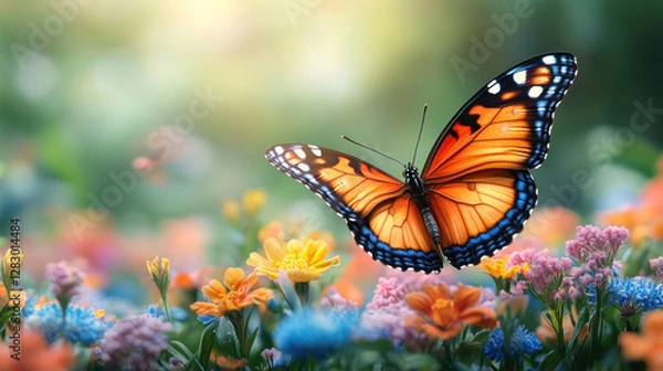 Fototapeta Spring background showcasing a butterfly garden with colorful flowers in full bloom