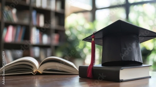 Obraz Graduation cap placed beside an open book