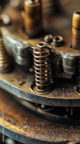 Fototapeta Detailed close-up of metallic gears in a mechanical device, showcasing industrial machinery complexity and engineering precision.