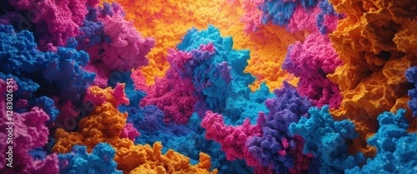 Fototapeta Vibrant abstract landscape with colorful textured formations in shades of pink, blue and orange resembling a digital art creation