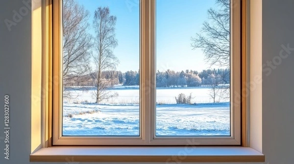 Fototapeta A new PVC window frame with high thermal insulation, designed to create a safe, warm, and quiet home, overlooking a wintery parkland