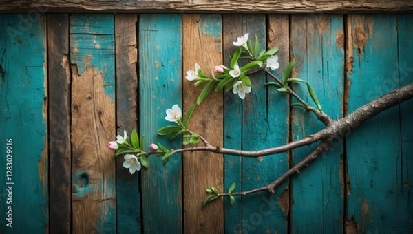 Fototapeta Flowering branch on rustic wooden background with teal and brown tones showcasing natural textures and colors.