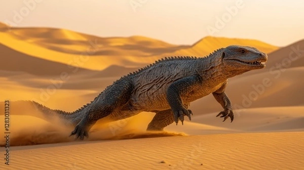 Fototapeta A large reptile runs through a desert landscape at sunset, kicking up sand as it moves.