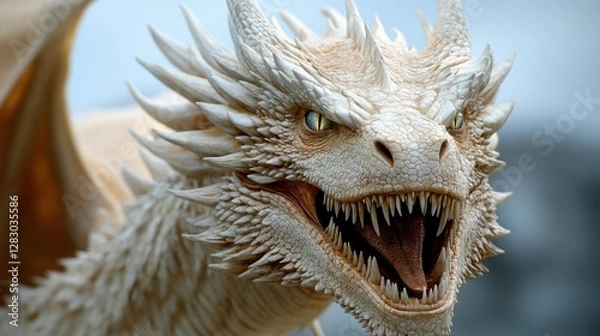 Fototapeta A majestic white dragon, its scales gleaming, bares its sharp teeth in a powerful roar.  Mythical creature of immense power and legend.