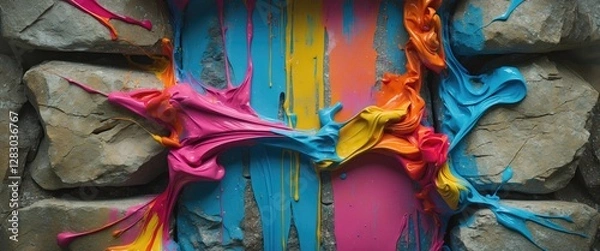 Fototapeta Colorful paint splashes against a textured stone wall creating an abstract and vibrant artistic background
