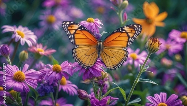 Fototapeta Colorful butterfly perched on vibrant flowers in a lush garden setting showcasing nature's beauty and tranquility.