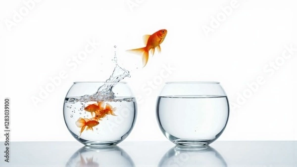 Obraz Goldfish Jumping from a Crowded Bowl to an Open Space – A Concept of Freedom and New Opportunities