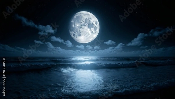 Fototapeta Mystical Moonlit Ocean – Bright Full Moon Illuminating the Dark Waves of the Sea