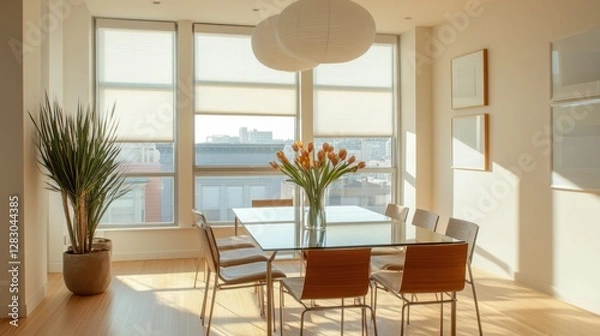 Fototapeta Sunlit Modern Dining Room with City Views