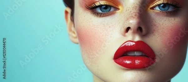 Fototapeta Female model with vibrant red lips and golden eyeshadow on a turquoise background, capturing retro 1960s and 1970s vintage advertising aesthetics.