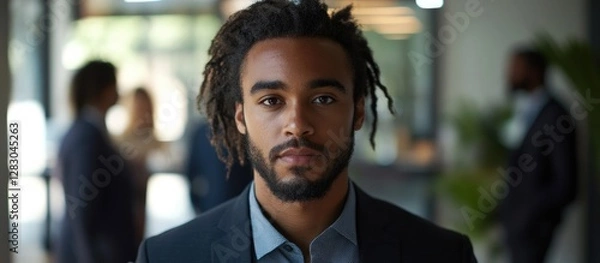 Fototapeta Professional young man with dreadlocks in a dark suit standing in a well-lit modern office space, with blurred colleagues in the background.
