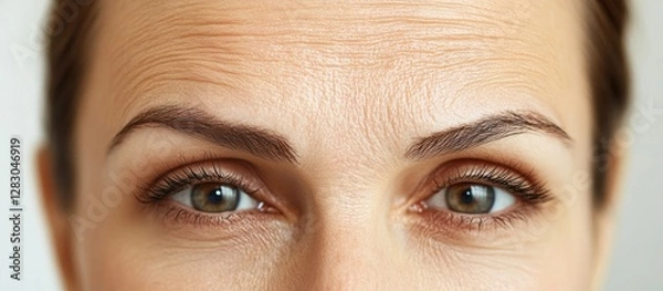 Fototapeta Close-up of a woman's forehead showcasing prominent wrinkles and fine lines above bright green eyes highlighting the need for effective wrinkle treatment.