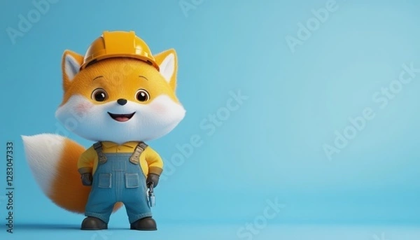 Obraz Cute Happy Smiling 3D Builder Constructor Orange Fox Blue Background Copy Space