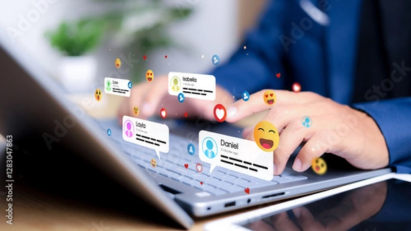 Fototapeta Social media and digital online concept, man using smart phone with Social media. online marketing, technology, chat, post, like, follow at phone screen.