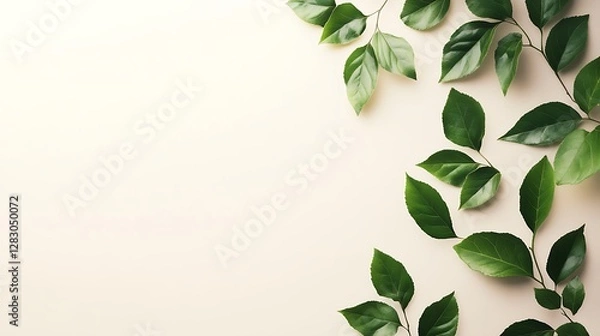 Fototapeta Green leaves arranged on a beige background