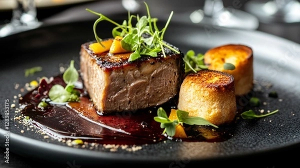Fototapeta Luxury lamb foie gras terrine with brioche toast and a delicate port wine reduction, presented in a high-end restaurant setting