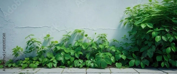 Fototapeta Green plants growing against a cracked light blue wall with stone pavement visible at the bottom of the image.