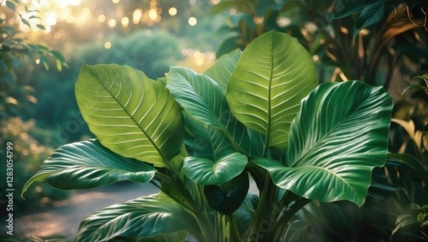 Fototapeta Lush green leaves illuminated by soft afternoon light with a blurred garden backdrop creating a serene natural ambiance.