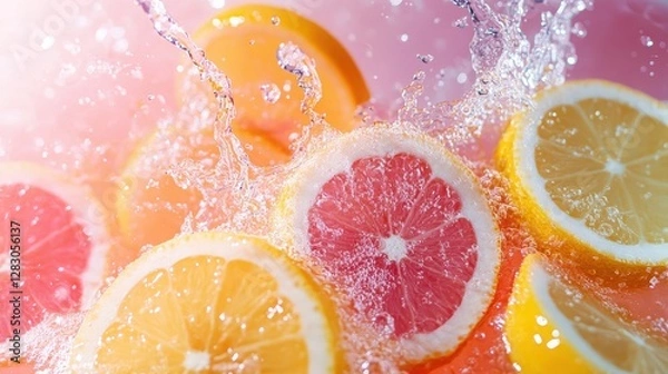 Fototapeta Refreshing Citrus Fruits Splashing in Water Lemons Grapefruits and Oranges