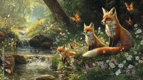 Fototapeta A family of foxes frolicking in a lush, flower-filled spring meadow, with butterflies dancing around and a gentle stream winding through the landscap