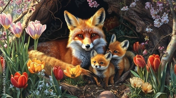 Fototapeta A fox family nestled in a blooming spring den, surrounded by colorful tulips and crocuses as the mother fox keeps a watchful eye and the kits playfully chase each