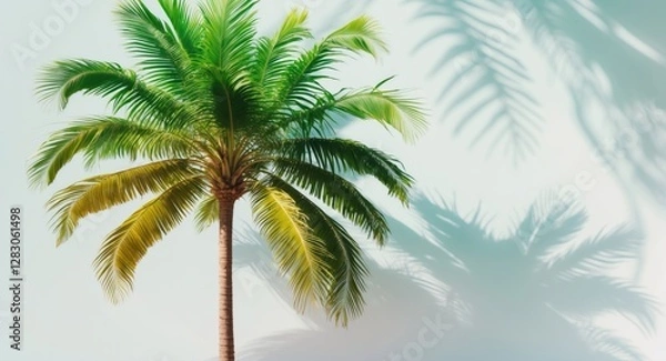 Fototapeta Lush green palm tree with vibrant leaves and subtle shadows on a clean background perfect for tropical or nature-themed designs.