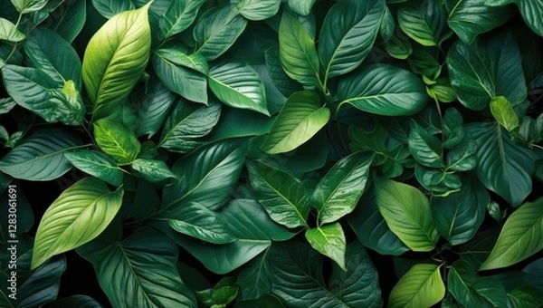 Fototapeta Green leafy vegetation background with a variety of tropical and subtropical plant leaves in diverse shapes and textures