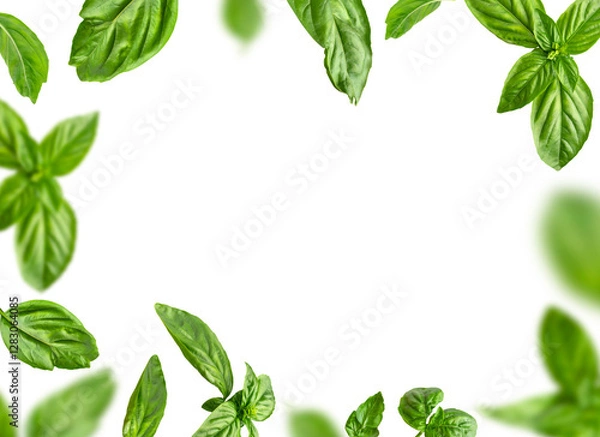 Obraz Flying fresh green basil leaves isolated on white background. Cut out contour basil leaves, objects for your packaging design, advertising, mockup. With clipping path 