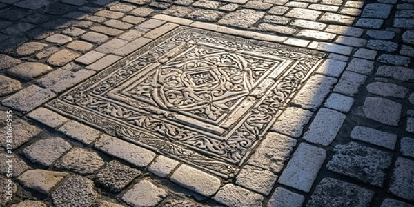 Obraz Medieval ornamental pavement in a sunlit square featuring intricate stone designs surrounded by cobblestones, highlighting ancient craftsmanship and artistry.