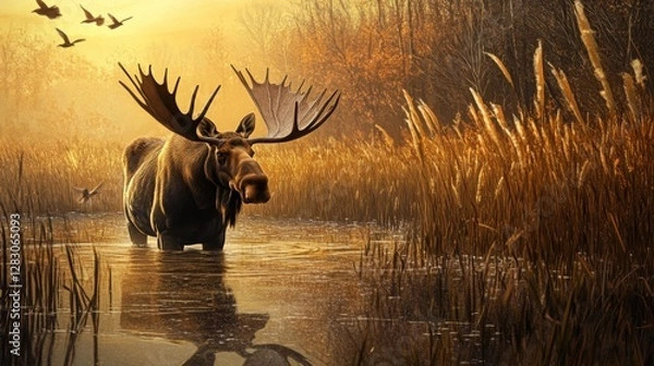 Fototapeta A majestic moose wading through a tranquil spring marsh, its antlers catching the soft golden light as cattails sway in the breeze and birds flit between 