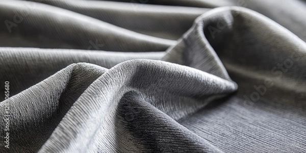 Fototapeta Elegant grey fabric texture showcasing soft folds and subtle sheen, primarily in muted tones with natural light enhancing the intricate details.
