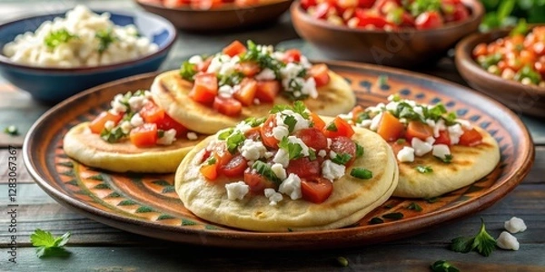 Fototapeta Colorful plate with steaming traditional Salvadoran pupusas topped with curtido and tomato salsa, finished with a sprinkle of queso fresco , plate, Latin American cuisine