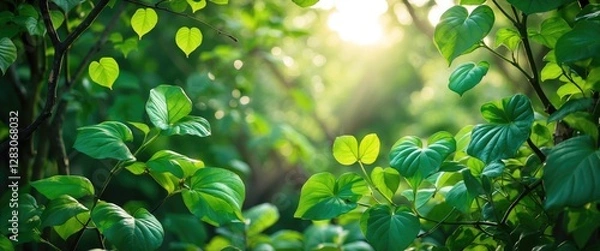 Fototapeta Lush Green Heart-Shaped Leaves in Sunlit Forest Creating a Serene Natural Atmosphere
