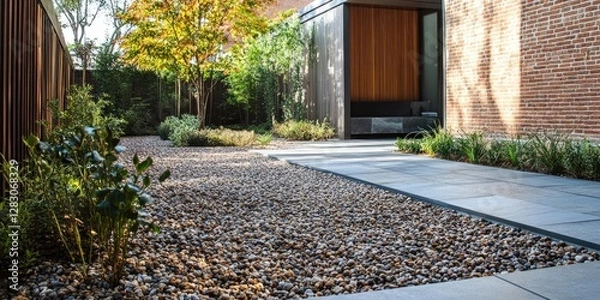 Fototapeta Modern tranquil garden pathway featuring gravel and stone tiles framed by lush green plants and a backdrop of wooden and brick walls.
