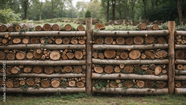 Fototapeta Wooden log fence constructed from tree segments surrounded by greenery in a serene outdoor landscape showcasing natural materials and rustic charm.
