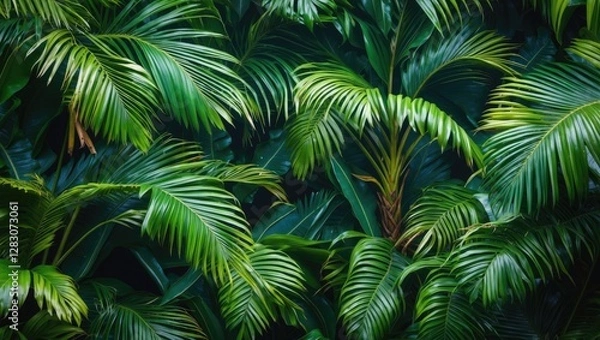 Fototapeta Lush green palm leaf background showcasing tropical foliage for nature-inspired designs and decorations. Perfect for eco-friendly themes.