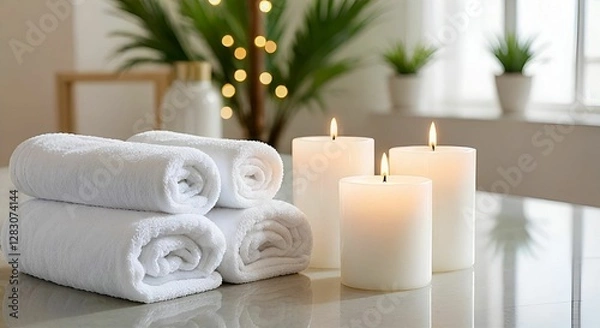 Obraz The image shows three rolled white towels on a table with three lit white candles beside them. In the background, there are potted plants and a lit tree with fairy lights.